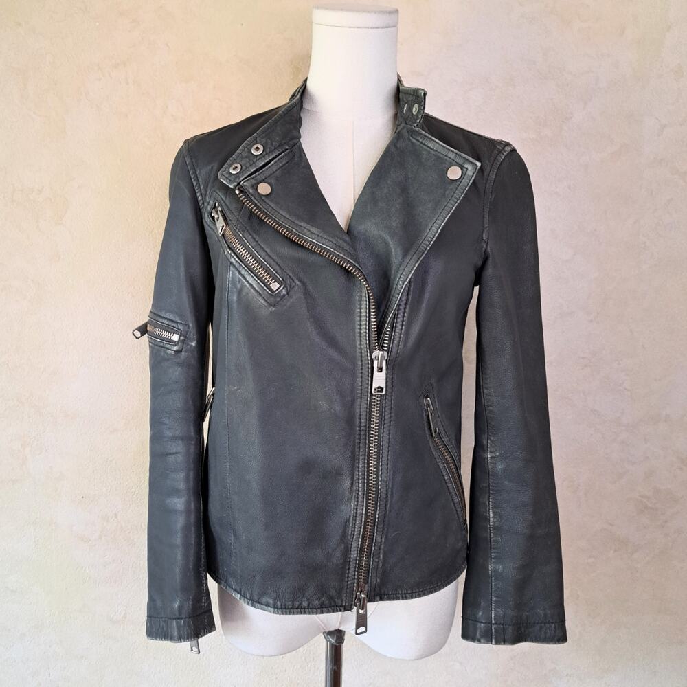 ALLSAINTS Mast Grey Leather Biker Jacket Distressed Moto US 4 EU 36